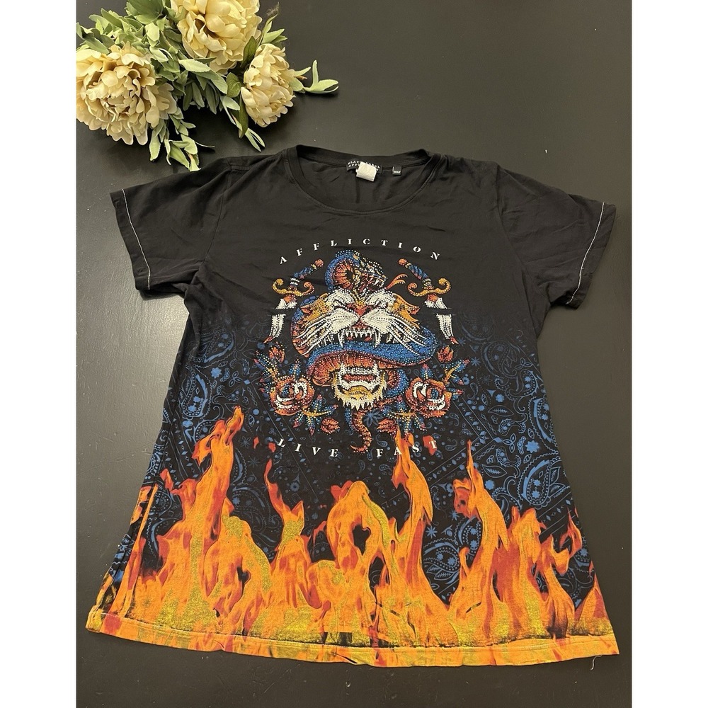 Affliction Black Label Y2k Inspired Brawl City Tiger Cobra Flames Bling Tee XL